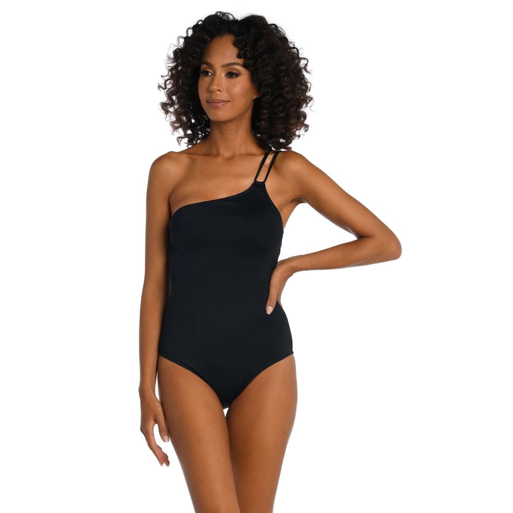 La Blanca Black Island Goddess Lace Back One Shoulder One Piece